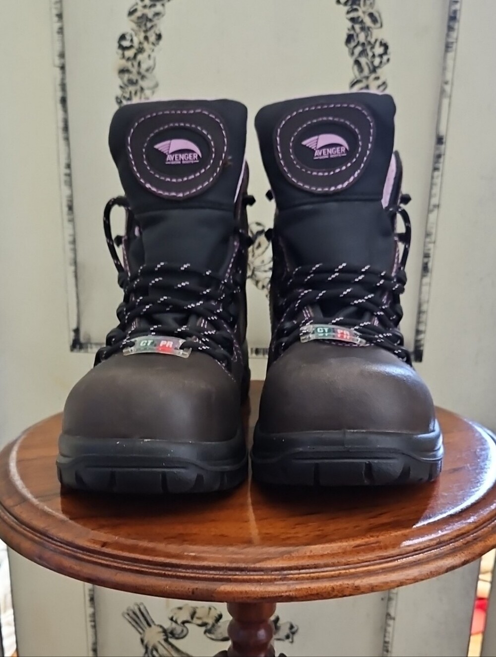 Avenger Women's Lace-Up Work Boots in Black with Pink Trim